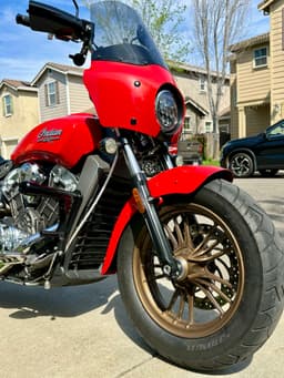 Close-up of the right side of the motorcycle wheels.